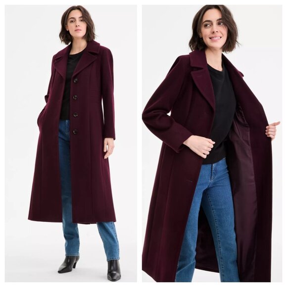 Anne Klein Cashmere Blend Long Wool Coat Merlot - Picture 1 of 3
